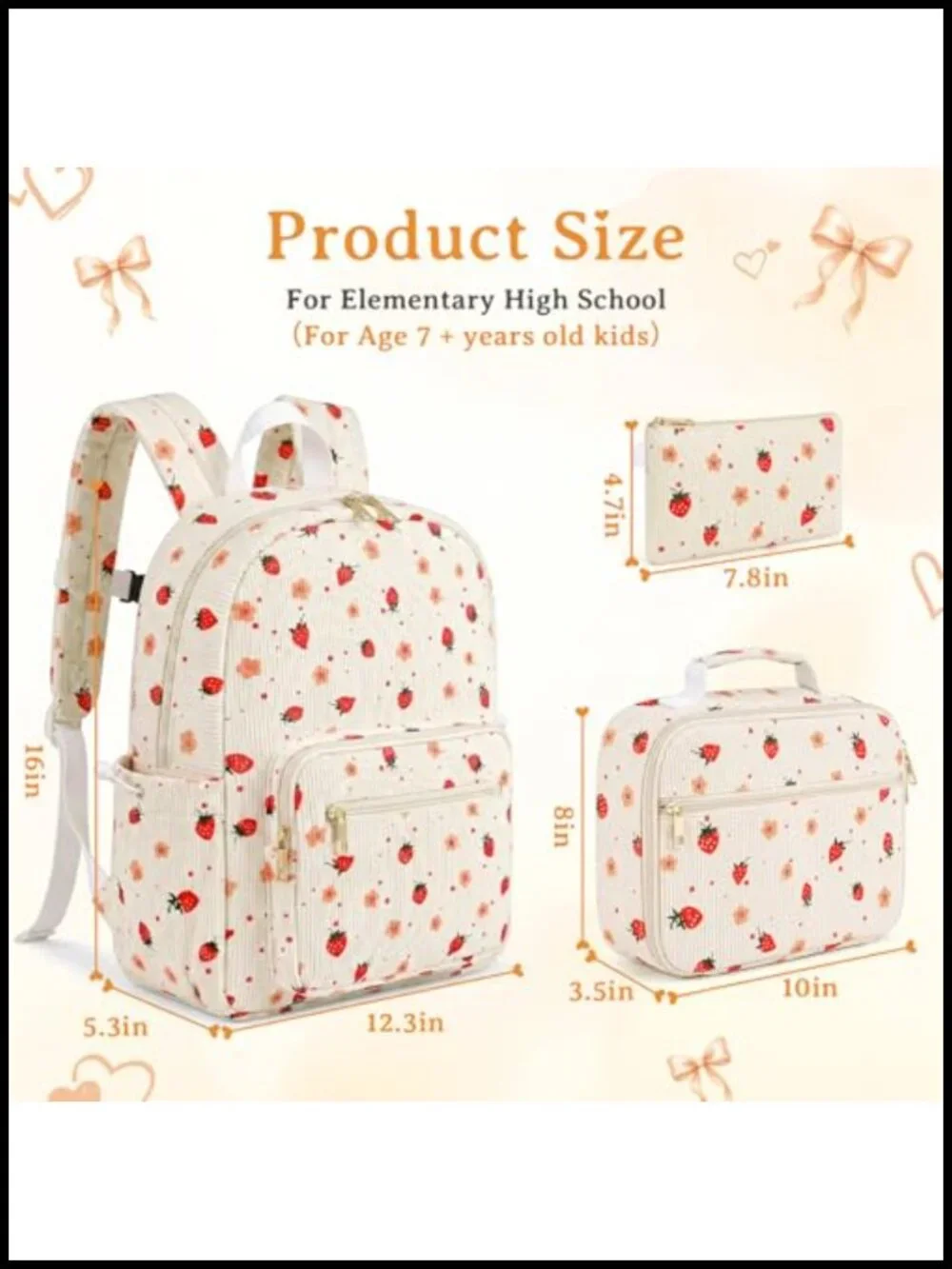 Corduroy Backpack Set with Lunch Bag & Pencil Case - 3 Piece, Water Resistant,